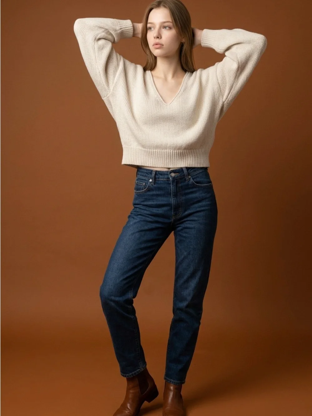 Free People Cream V-Neck Knit Pullover